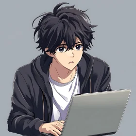 Focused Anime Character with Laptop