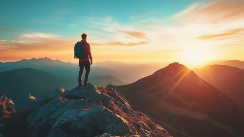 Man on Mountain at Sunrise