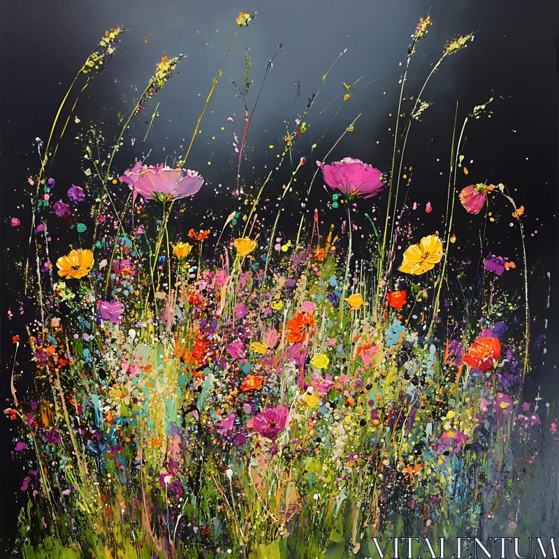 Vibrant Wildflower Field on Dark Backdrop