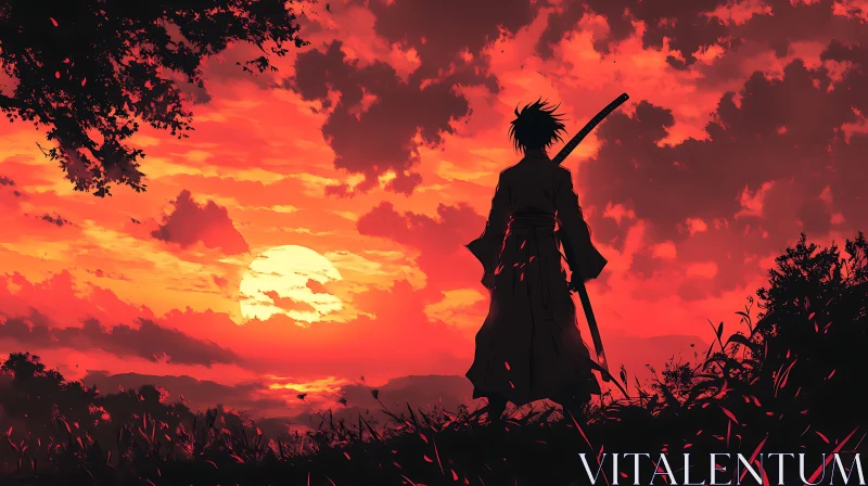 Lone Samurai in Fiery Sunset