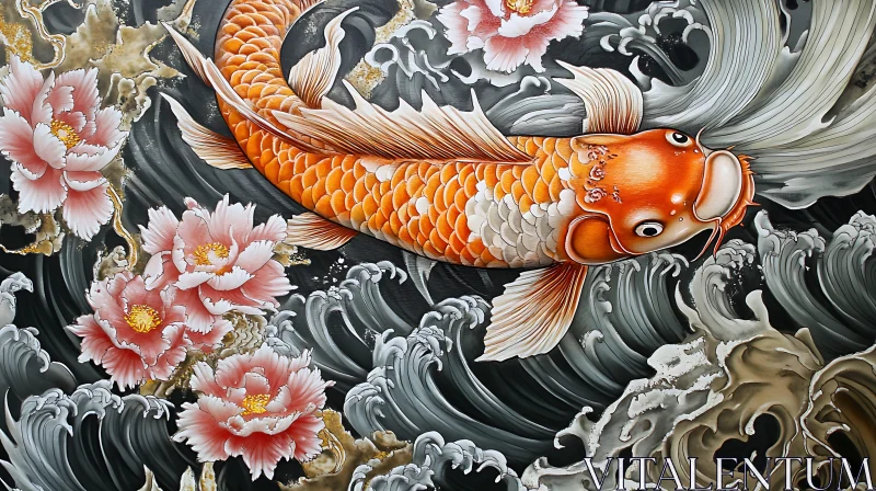 Koi Fish Art with Waves and Flowers