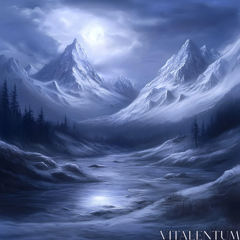 Snowy Peaks Under Moonlit Sky
