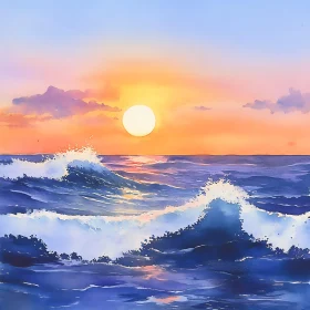 Watercolor Seascape with Sunset