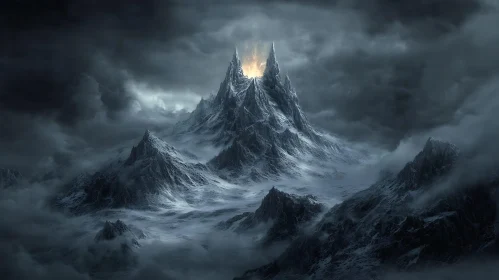 Snowy Mountain Peaks Under Dark Skies