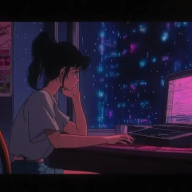 Cyberpunk Anime Girl at Her Desk
