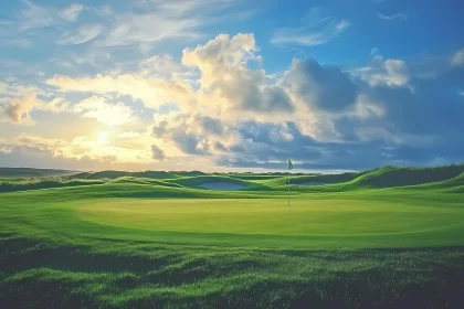 Tranquil Sunset Over a Golf Course Landscape , AI