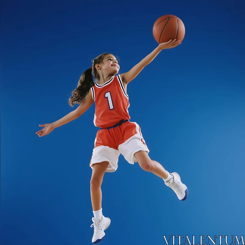 Girl Basketball Player Jumping with Ball