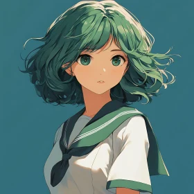 Green-haired Anime School Girl Portrait