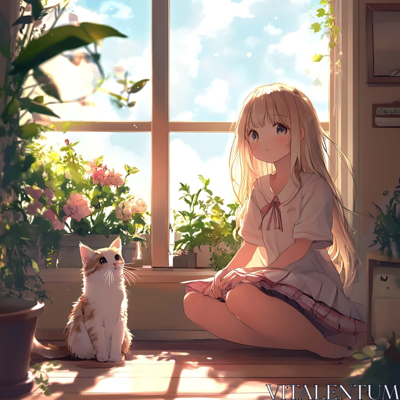 Peaceful Moment with Anime Girl and Cat