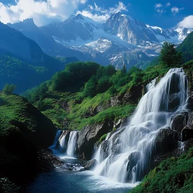 Lush Green Mountain Waterfall Scenery