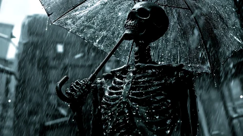 Monochrome Skeleton with Umbrella in Rain