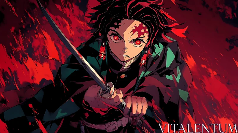 Fierce Anime Warrior with Red Eyes and Sword