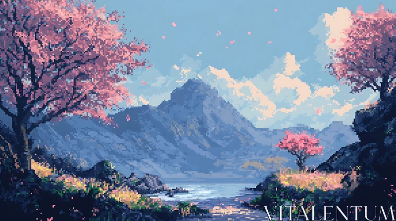 Peaceful Mountain and Lake Scene in Pixel Art