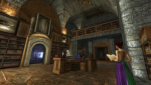 Woman Reading Book in Old Library