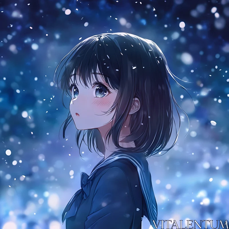 AI ART Anime Girl in Snow - Serene Night