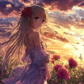 Young Woman in Flower Field During Sunset - Anime Art