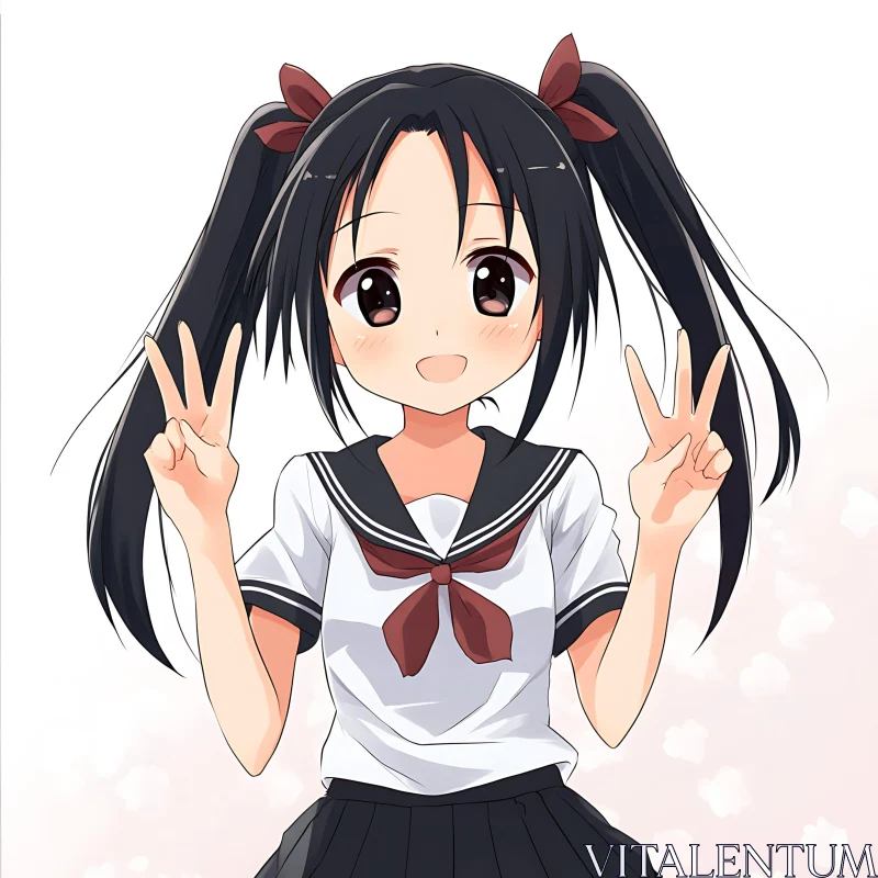 Anime Girl with Pigtails and V-Sign