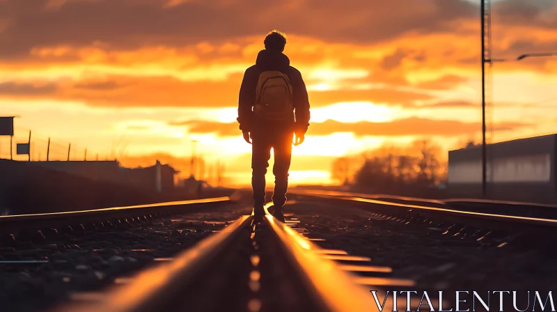 Silhouette on Railroad Tracks at Sunset