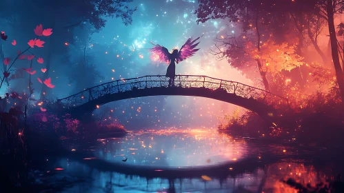 Winged Figure on Bridge in Magical Landscape