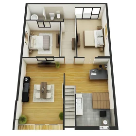 3D Apartment Layout - Two Bedrooms, Living Room, Kitchen, and Bathroom