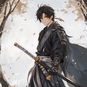 Anime Samurai with Katana Under Falling Leaves