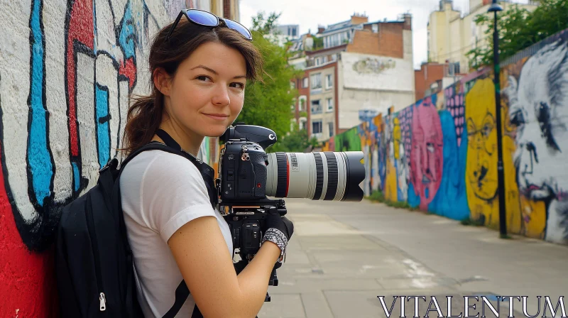 Female Photographer on Urban Street AI Image