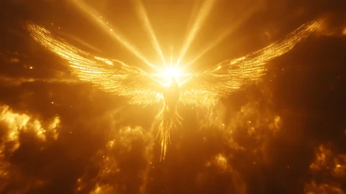 Phoenix of Light in Golden Sky