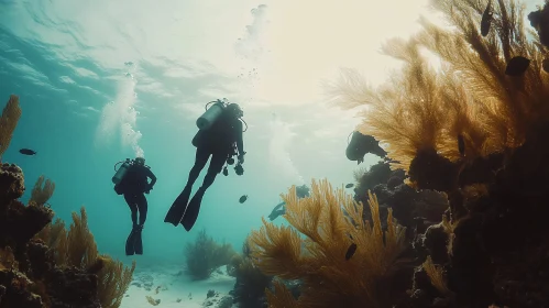 Divers Exploring Underwater Coral Reef