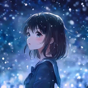 Anime Girl in Snow - Serene Night