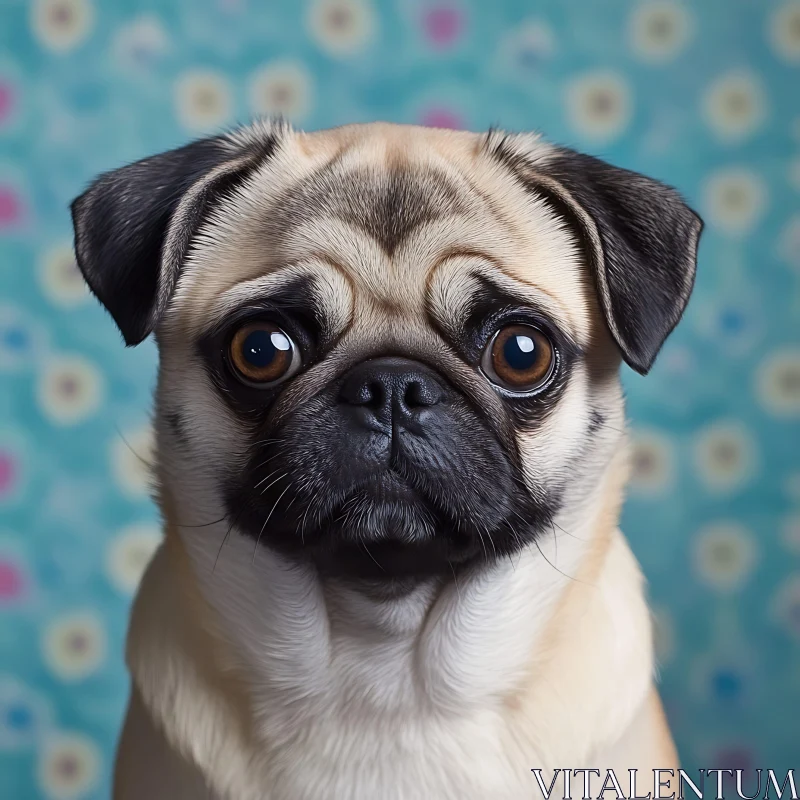 Charming Pug Close-Up with Patterned Blue Background