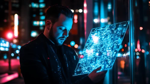 Man with Glowing Tablet at Night
