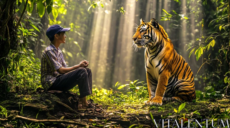 Man and Tiger in Peaceful Forest