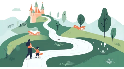 Illustration of Family Walking to Castle
