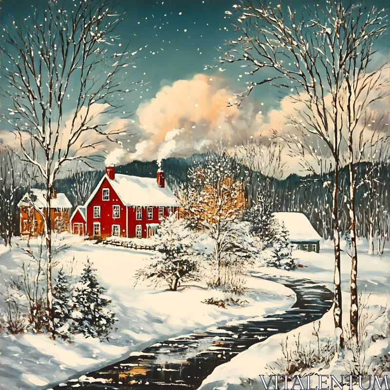 Snowy Red House in Winter Artwork AI Image