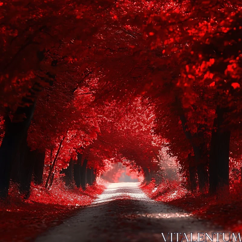 Serene Forest Path Under Red Leaves AI Image