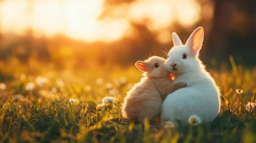 Two Rabbits Cuddling in a Field