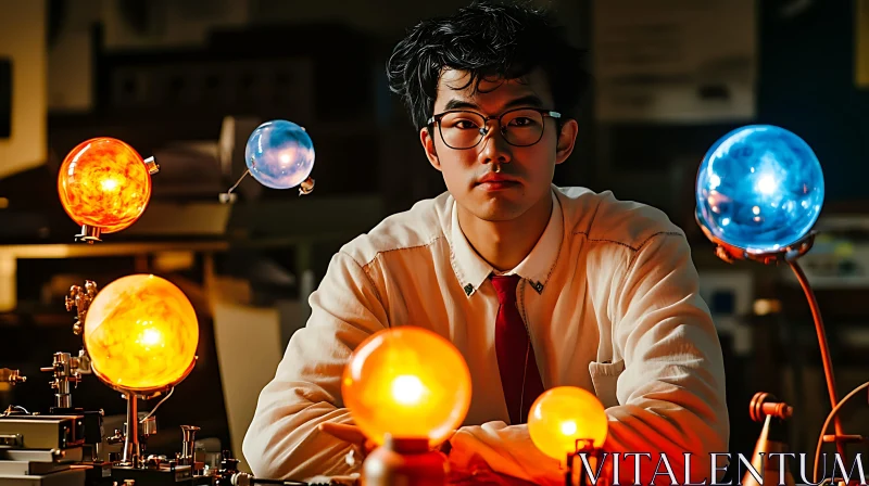 Laboratory Scene with Scientist and Orbs