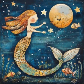 Whimsical Mermaid and Moon Fantasy Art