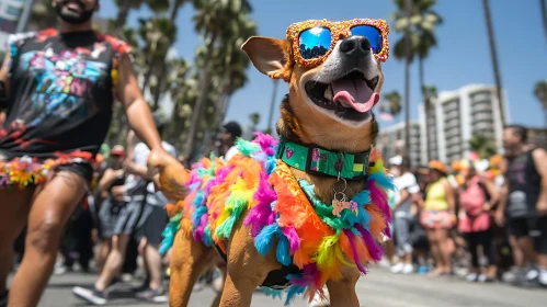 Festive Dog Enjoying Parade in Stylish Outfit