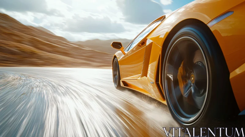 Speeding Yellow Luxury Car on Mountain Road Speeding Yellow Luxury Car on Mountain Road