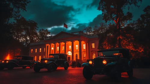Vintage Cars in Front of a Glowing Historic Building