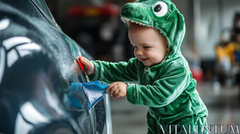 Cute Baby in Dino Outfit Cleaning Vehicle Cute Baby in Dino Outfit Cleaning Vehicle