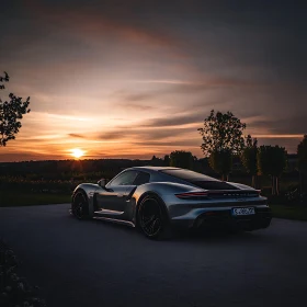 Silver Sports Car Amidst Nature at Dusk