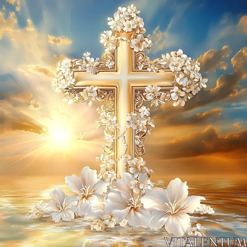 Radiant Cross Adorned with White Flowers at Ocean Sunset Radiant Cross Adorned with White Flowers at Ocean Sunset