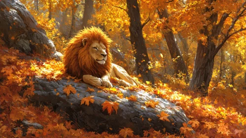 Regal Lion Resting in Fall Foliage