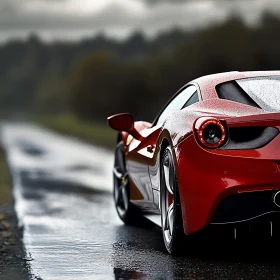 Sleek Red Car in Rain
