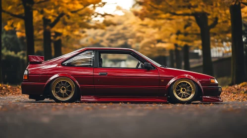 Autumn Parked Classic Red Car with Golden Wheels