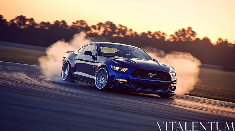 Drifting Blue Sports Car in Sunset
