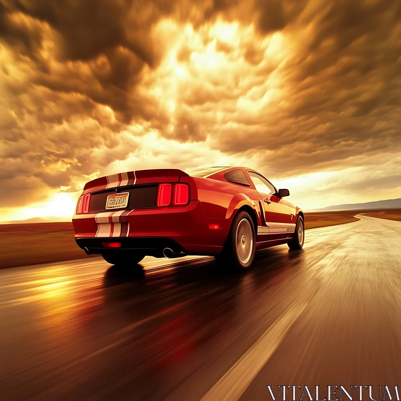 Sunset Journey: Red Muscle Car on Rain-soaked Path Sunset Journey: Red Muscle Car on Rain-soaked Path