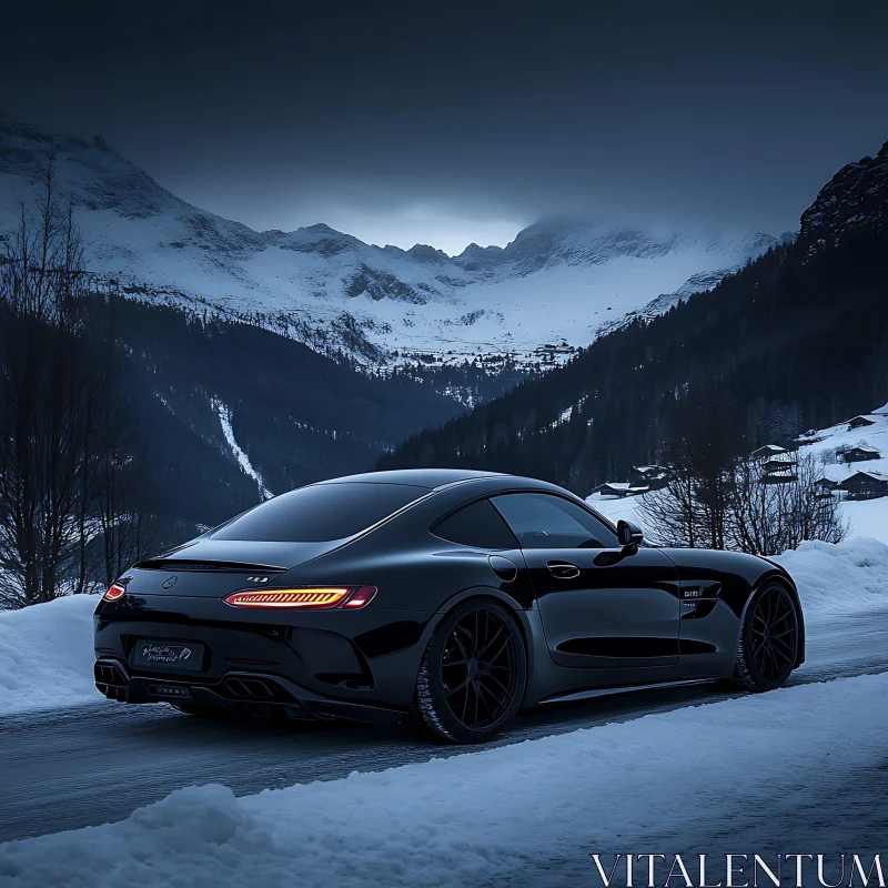 Luxury Black Car in Winter Mountains Luxury Black Car in Winter Mountains